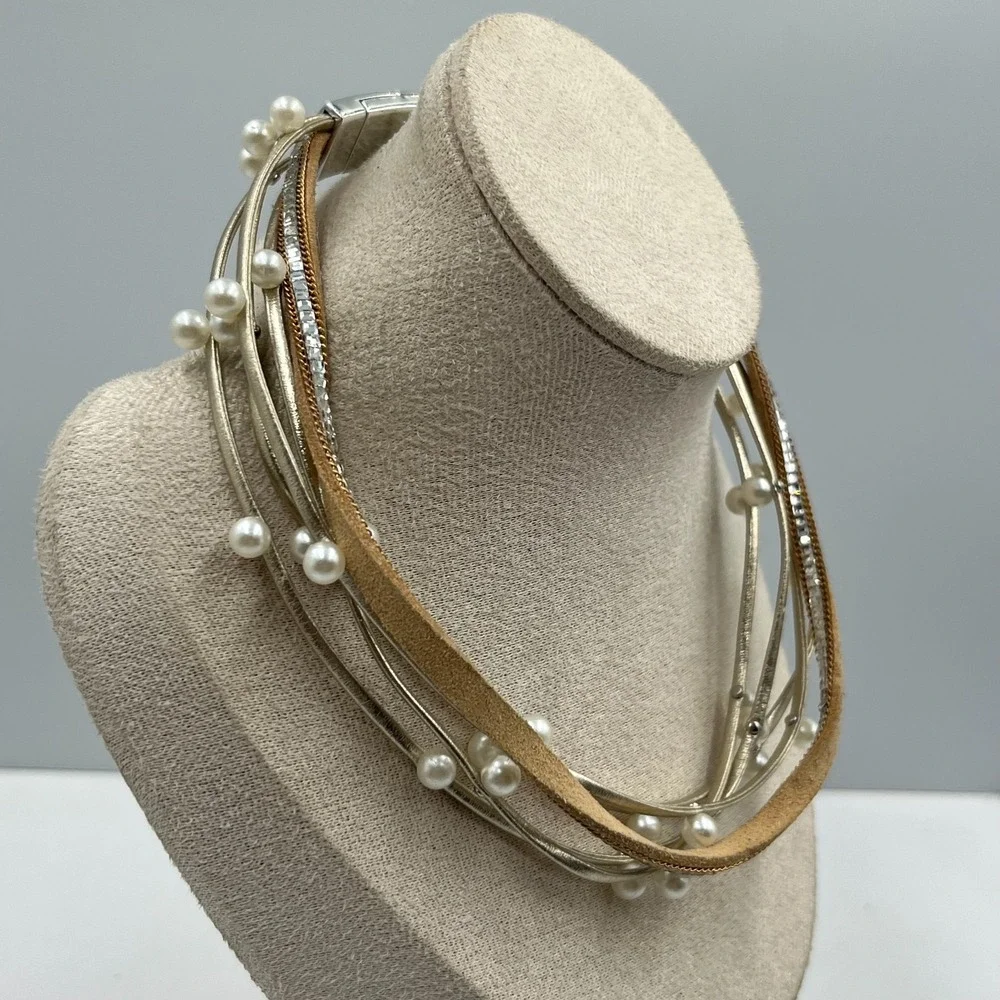 Vintage Multi-Strand Pearl Crystal Choker Necklace Magnetic Clasp Statement Boho